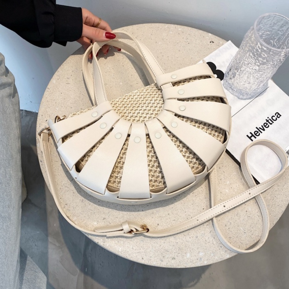 Last one!! 🔥 Beige Vegan Leather Rattan Semi Circle Crossbody Bag - Picture 6 of 9
